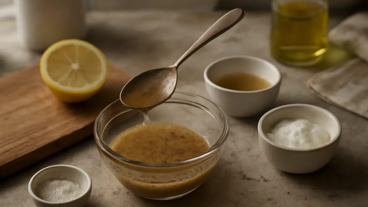 Pencere ışığında mutfak tezgahında, içinde acılaşmış gibi görünen salata sosu bulunan cam kase ve yanında yağ, yoğurt ve limon gibi malzemeler, kaşığın ucunda küçük damlalarla anlık bir hazırlık anını gösteriyor.