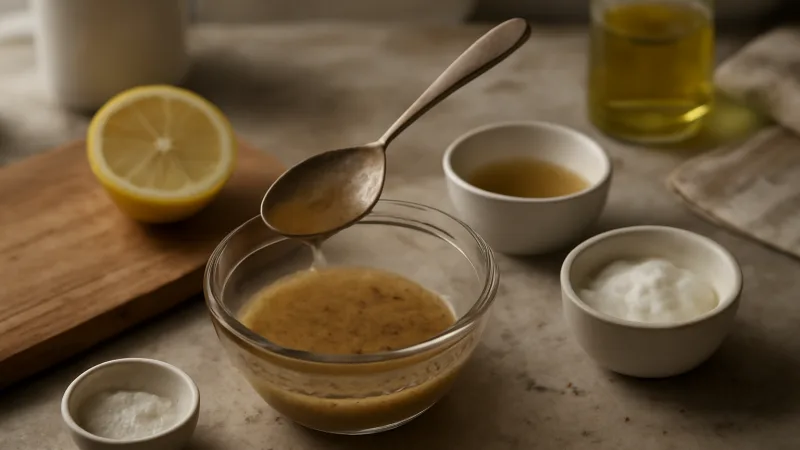 Pencere ışığında mutfak tezgahında, içinde acılaşmış gibi görünen salata sosu bulunan cam kase ve yanında yağ, yoğurt ve limon gibi malzemeler, kaşığın ucunda küçük damlalarla anlık bir hazırlık anını gösteriyor.